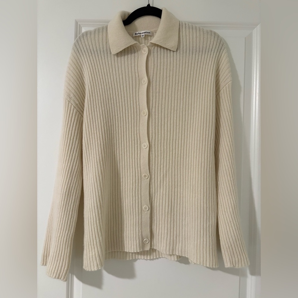 Reformation Cream Ribbed Cardigan